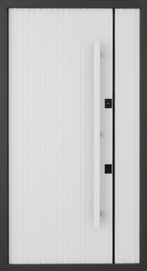 Входная полуторная дверь с длинной ручкой и панелями серого и белого цвета