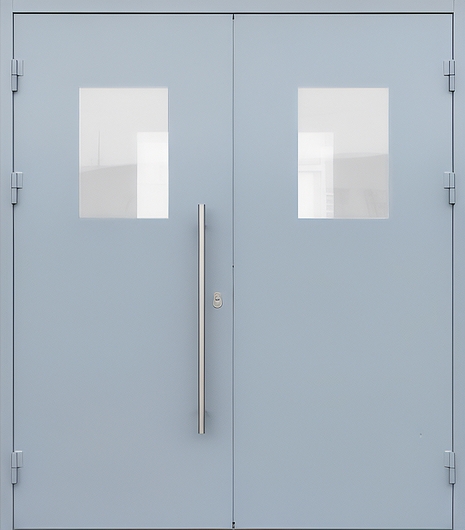 Двустворчатая остекленная дверь с ручкой-скобой и полимерным покрытием светло-серого цвета
